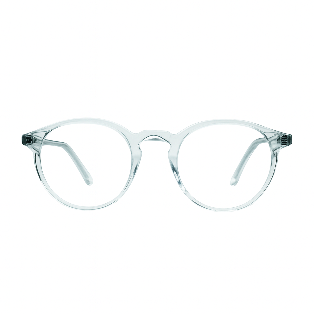Clear round eyeglasses with keyhole bridge on a white background.