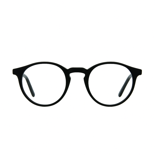 Black eyeglasses with keyhole bridge and p3 round shape on a white background