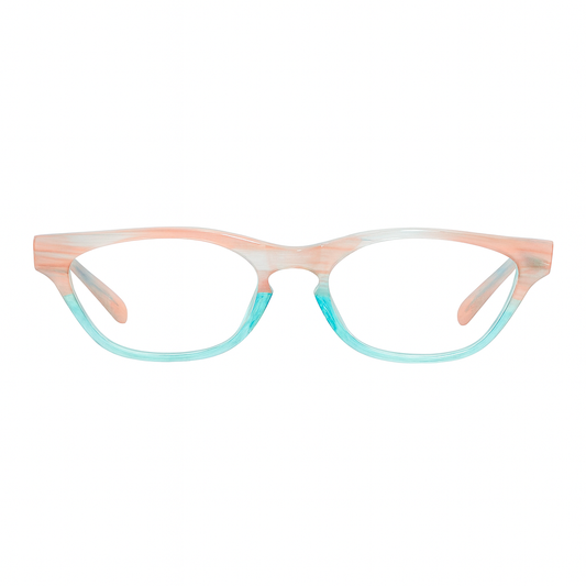 Petite eyeglasses with a cateye shape and a gradient design transitioning from pink to blue on a white background