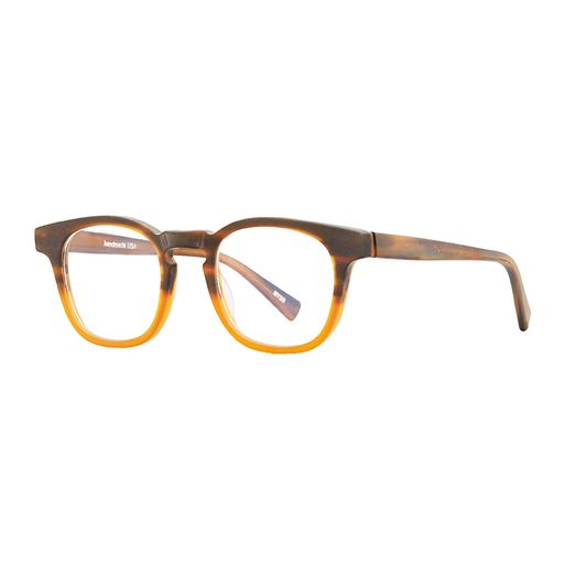 A pair of men's glasses that are square/rounded with a unique two tone color of dark brown streak on the top and a warm honey yellow on the bottom.