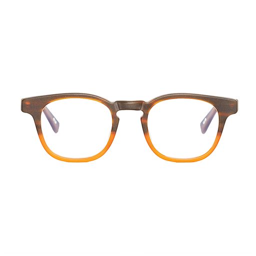 This image features a pair of stylish, square/rectangular eyeglasses named "Big Al." The glasses have a unique two-tone color scheme, with a matte brown top and a vibrant yellow bottom, creating a striking contrast.