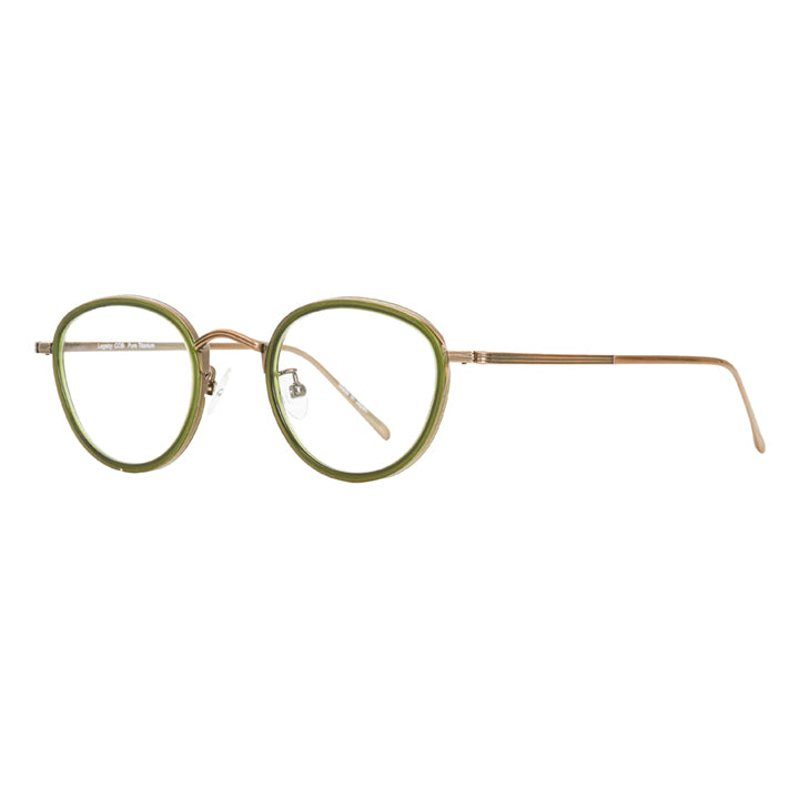 Profile view of round copper glasses with green highlight.