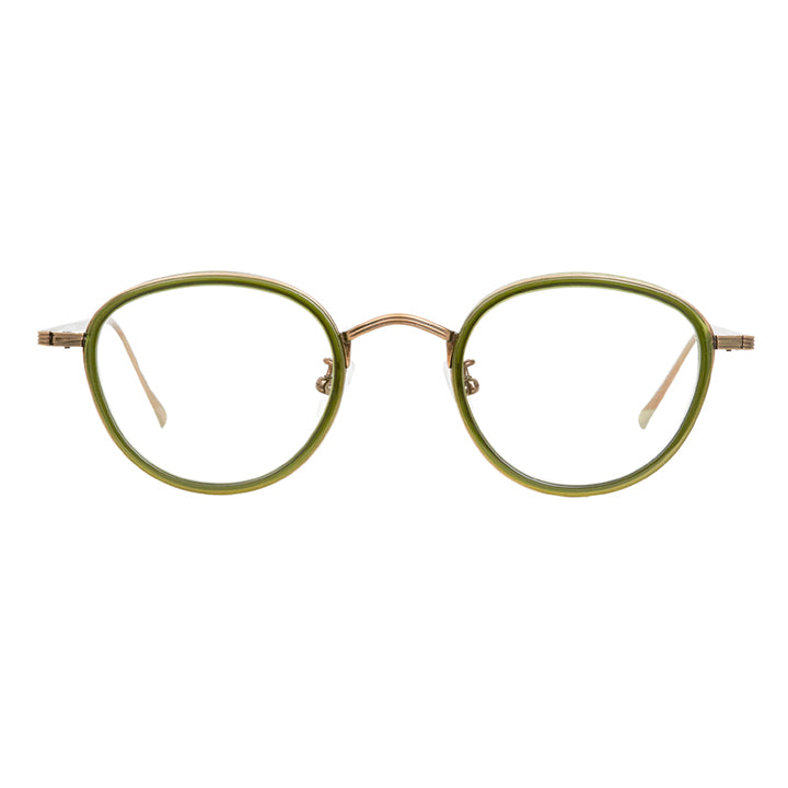 Front view of round copper glasses with green accent and adjustable nose pads.