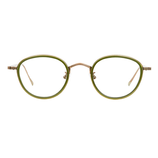Front view of round copper glasses with green accent and adjustable nose pads.