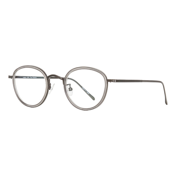 Profile view of round silver glasses with clear accent.