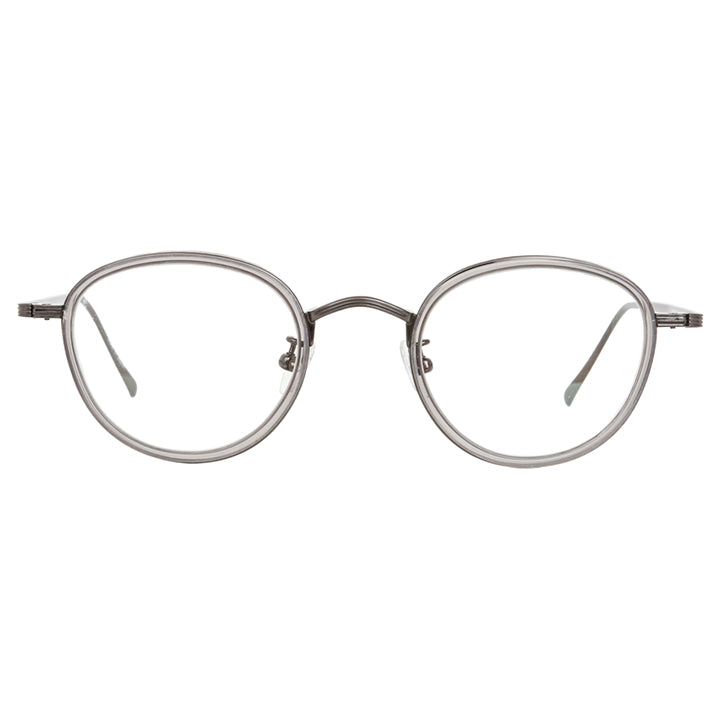 Front view of round silver glasses with clear highlight and adjustable nose pads.