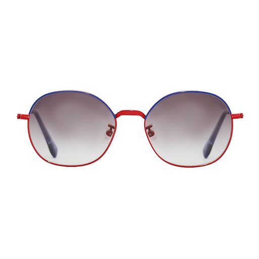 Big round sunglasses with nose pads in red with blue brow, called Lolita.