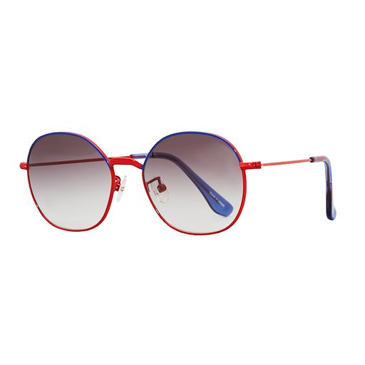 Side view of big round blue and red sunglasses.