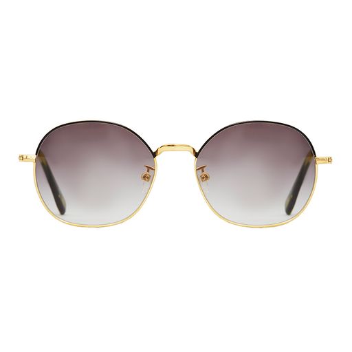 Big round gold glasses with black brow and adjustable nose pads.