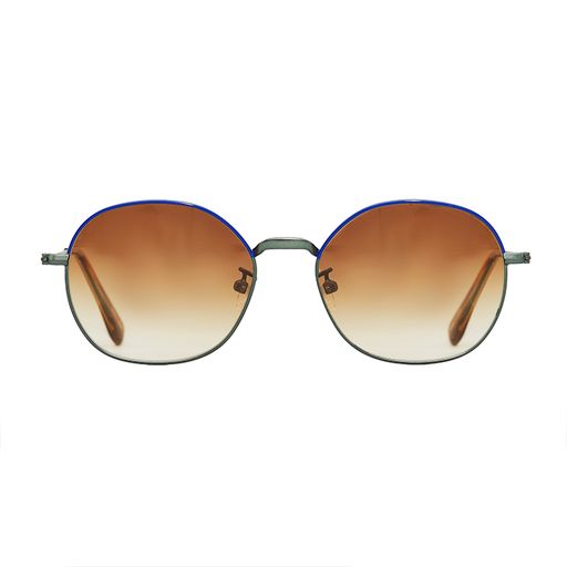 Unique round sunglasses in blue and green with brown gradient lenses and adjustable nose pads.