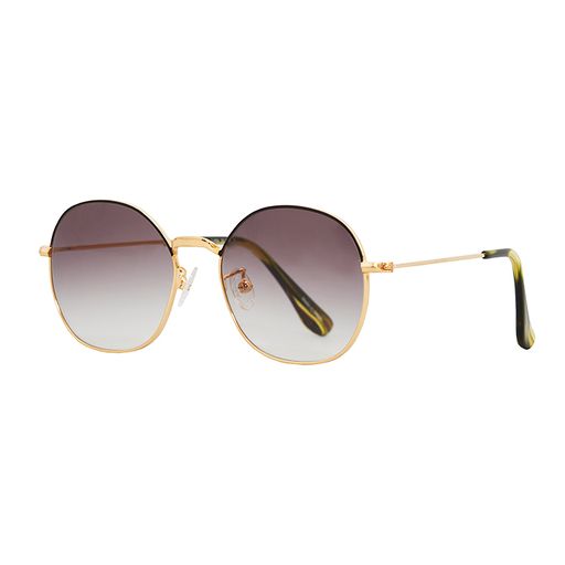 Lolita in gold, big round sunglasses with gray gradient lenses.