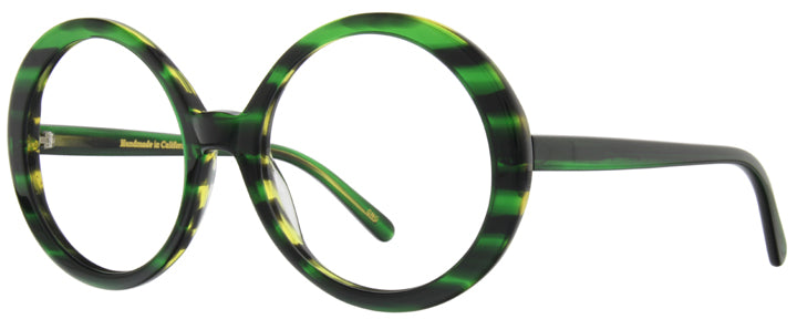 Oversized round eyeglass frames with a patterned green tortoise finish on white background.