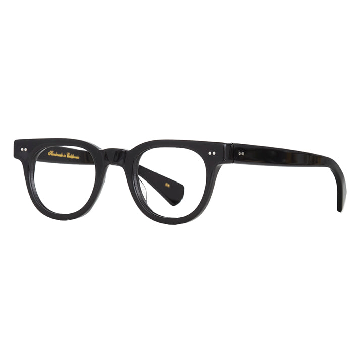 Profile view of classic mens black glasses.