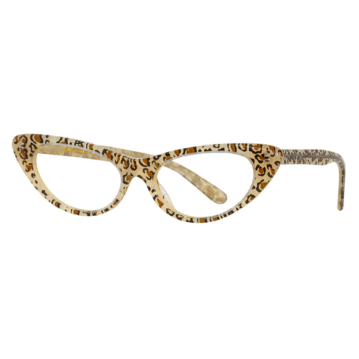 Profile view of retro cat eye glasses in leopard print.