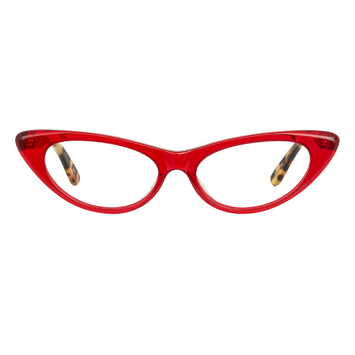 Bold retro cat eyes in red with tortoise temples.