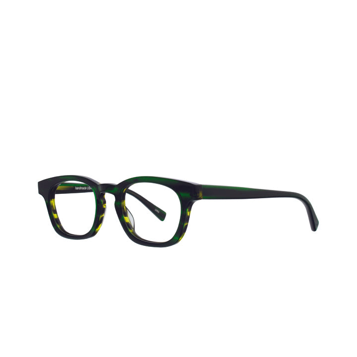 A pair of green square-shaped, full frame eyeglasses with a keyhole bridge, displayed against a white background.