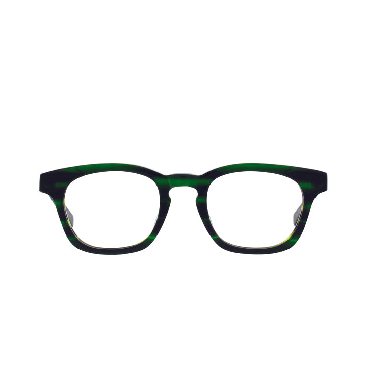 A pair of green square-shaped, full frame eyeglasses with a keyhole bridge, displayed against a white background.