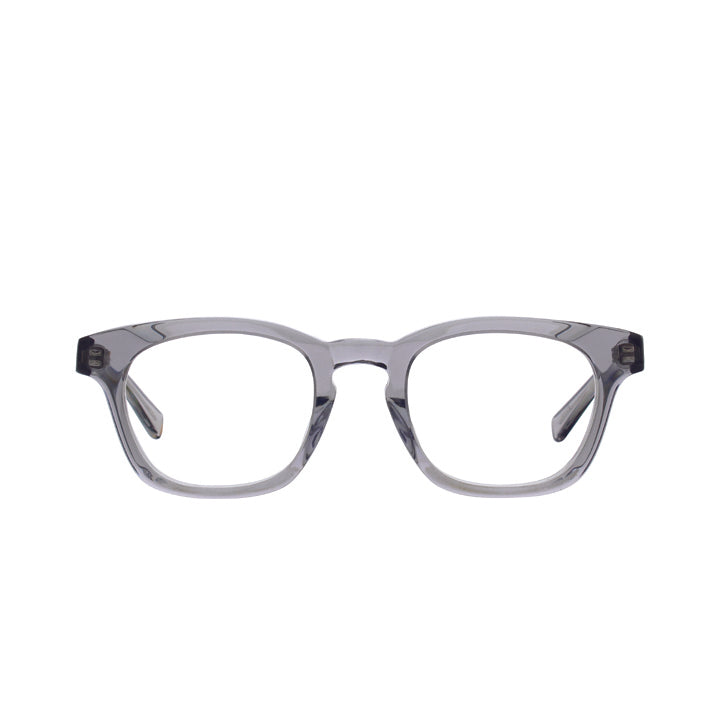 A pair of square-shaped, full frame eyeglasses with a keyhole bridge, displayed against a white background.