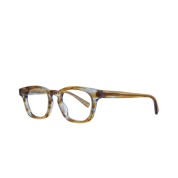 A pair of unique square-shaped, full frame eyeglasses with a keyhole bridge, displayed against a white background.