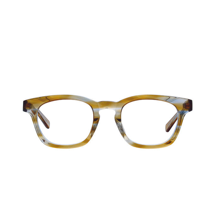 A pair of unique square-shaped, full frame eyeglasses with a keyhole bridge, displayed against a white background.