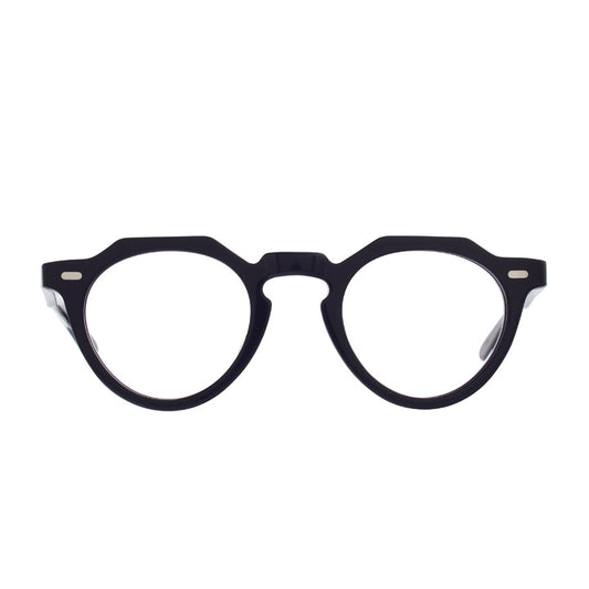 Black flat top round glasses.