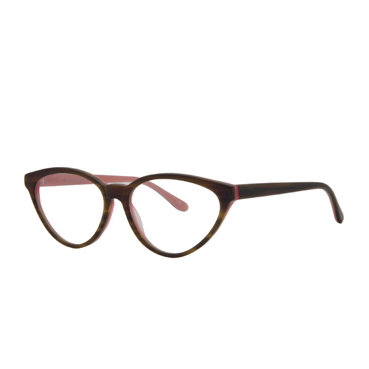 Angled view of women's glasses with cat eye shape in brown color with pink accent.