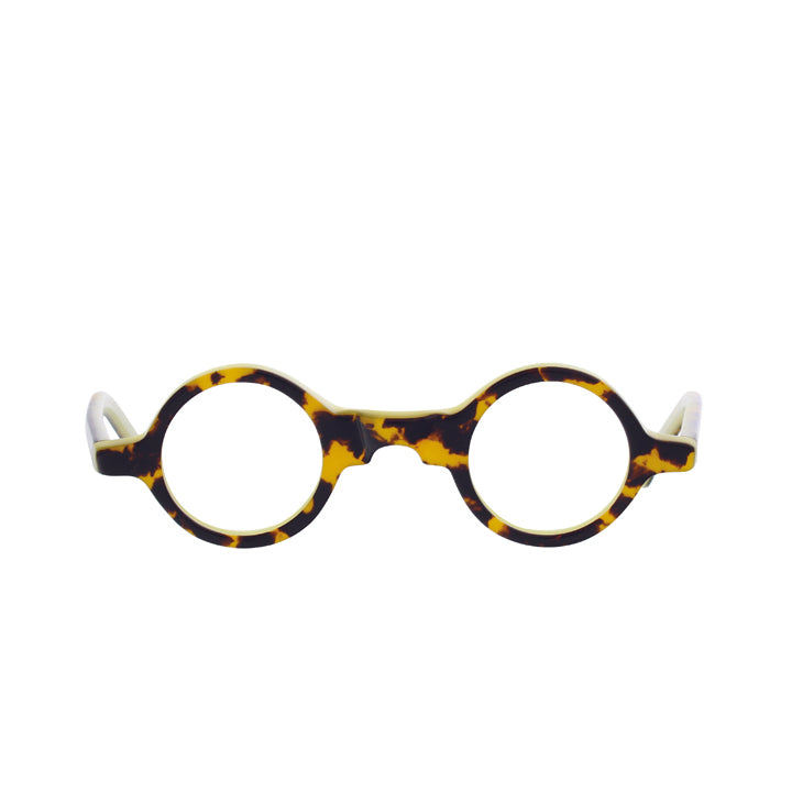 Small round glasses with unique nose bridge in Tortoise.