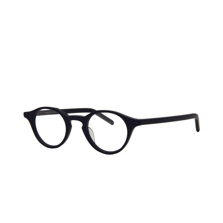 A pair of round full frame eyeglasses with a keyhole bridge and traditional barrel hinges in black color.