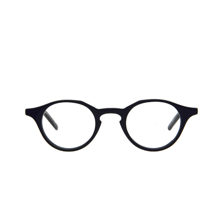 A pair of round full frame eyeglasses with a keyhole bridge and traditional barrel hinges in black color.