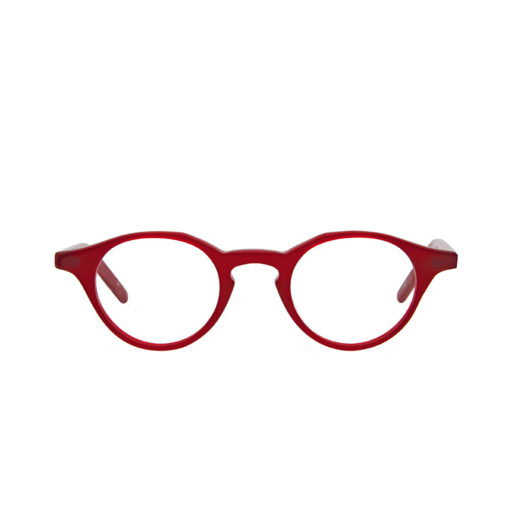 Side view of a pair of round full frame eyeglasses in red color pattern with keyhole bridge and clear lenses.