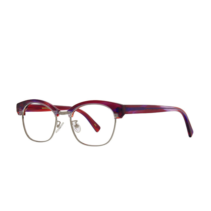 Side view of blue, red, and purple browline glasses for prescription lenses. Adjustable nose pads and silver chassis.