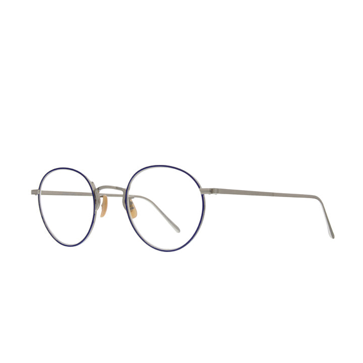 Angled view of a pair of round full frame eyeglasses with a adjustable nose pads in silver and blue color combination.