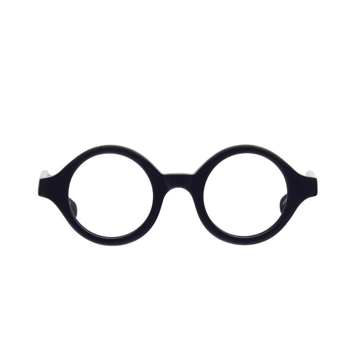 A pair of thick black, perfectly round eyeglasses with a saddle bridge, tapered temples, and clear lenses.