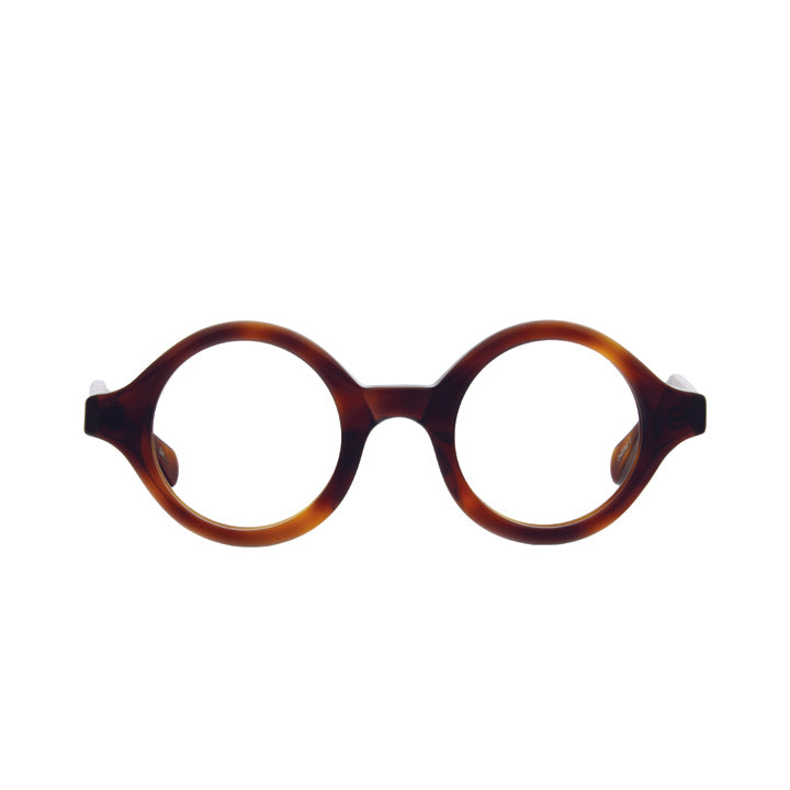 A pair of tortoise, perfectly round eyeglasses with a saddle bridge, tapered temples, and clear lenses.