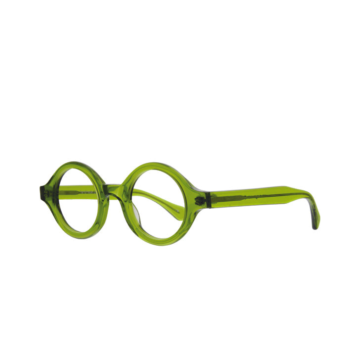 A pair of lime green, perfectly round glasses with a saddle bridge and tapered temples.