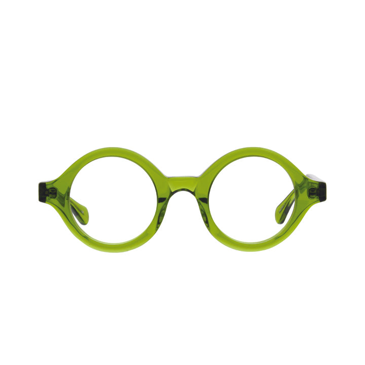 A pair of lime green, perfectly round glasses with a saddle bridge and tapered temples.