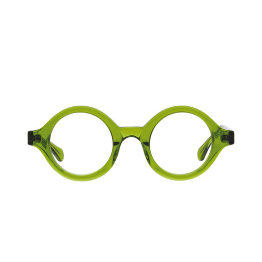 A pair of lime green, perfectly round glasses with a saddle bridge and tapered temples.