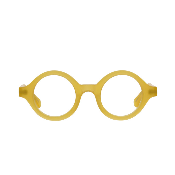 A pair of matte yellow, perfectly round glasses with a saddle bridge and tapered temples.