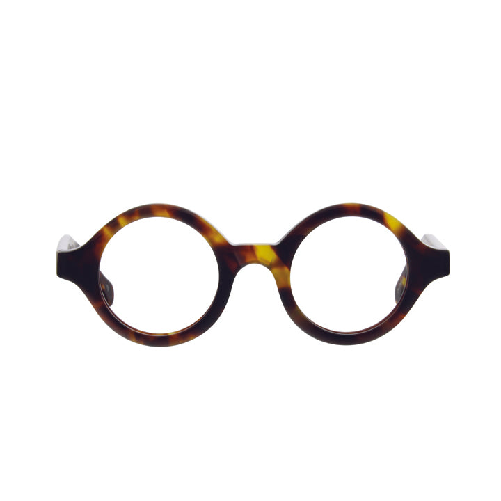 Thick round full frame eyeglasses with a tortoise patterned color and clear lenses.