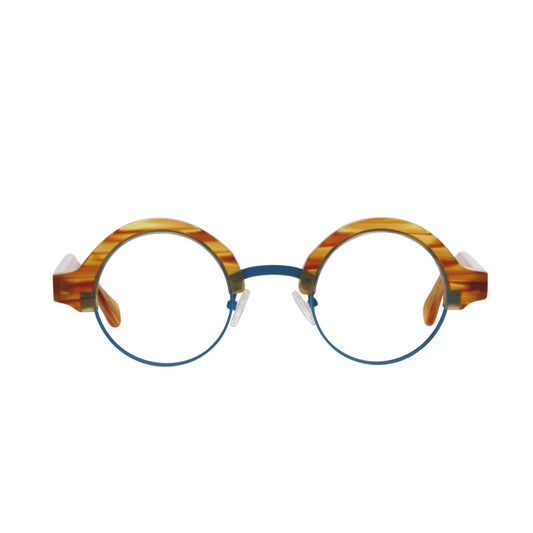 A pair of perfectly round combination eyeglasses with adjustable nose pads, thick amber streak accents on a blue metal, and clear lenses.