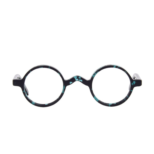 Small round full frame eyeglasses with a patterned frame in black and blue hues, and clear lenses.