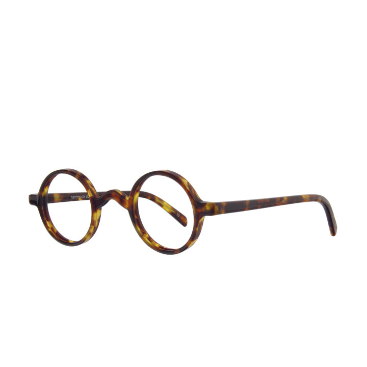 A pair of perfectly round full frame eyeglasses with saddle bridge.