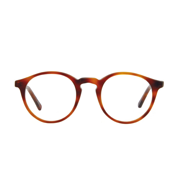 Neutral brown glasses, light tortoise, with keyhole bridge and round P3 shape.