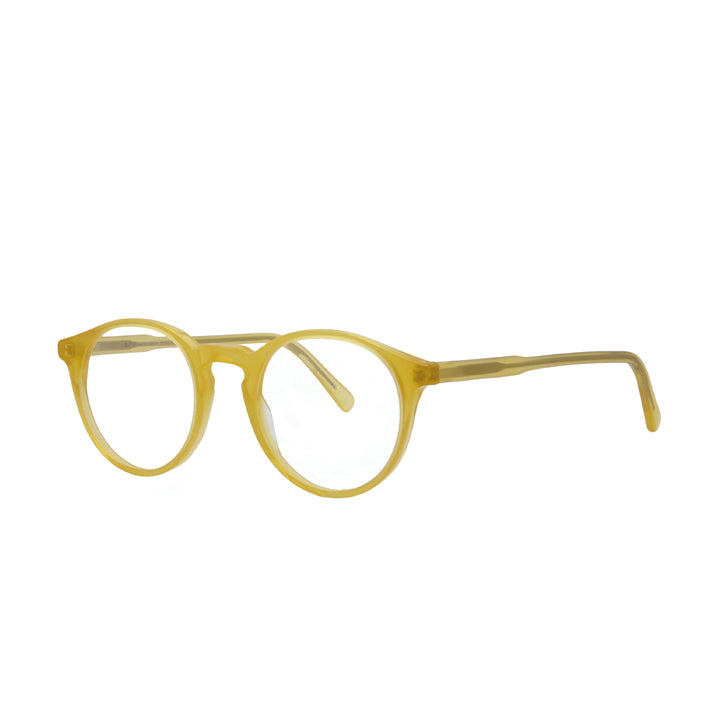 A pair of round full frame eyeglasses with a keyhole bridge and traditional barrel hinges in matte yellow color.