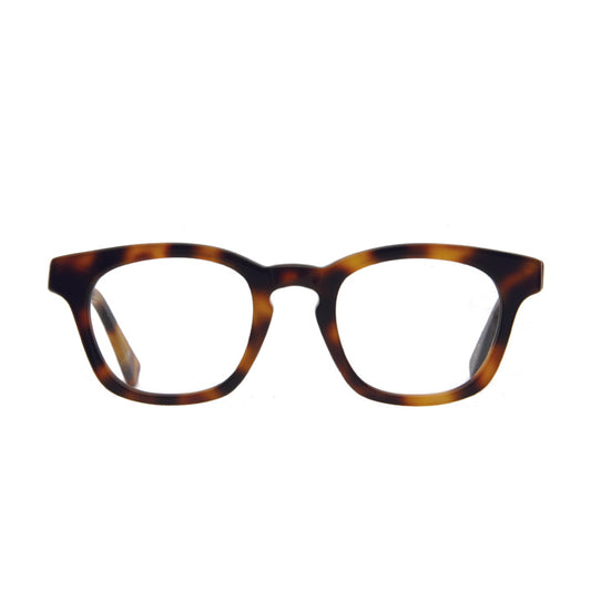 Classic men's square eyeglasses against white background in tortoise color.