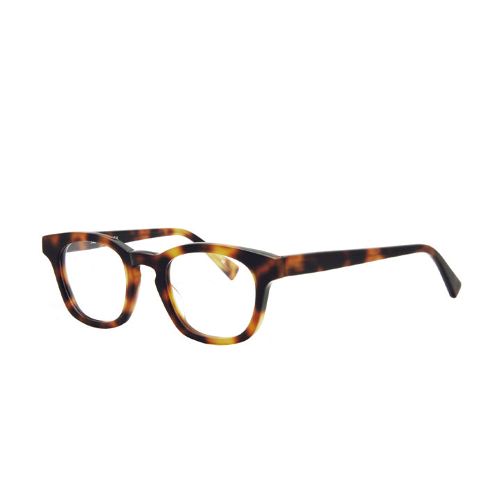 Classic men's square eyeglasses against white background in tortoise color.