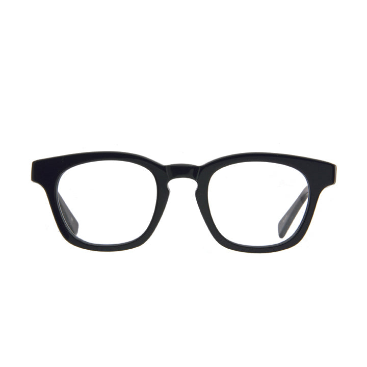 A pair of black square-shaped, full frame eyeglasses with a keyhole bridge, displayed against a white background.