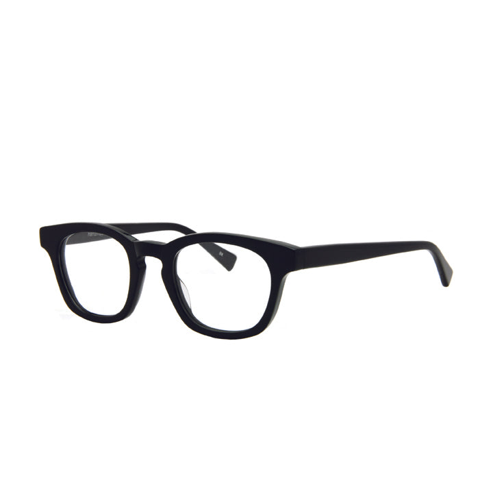 A pair of black square-shaped, full frame eyeglasses with a keyhole bridge, displayed against a white background.
