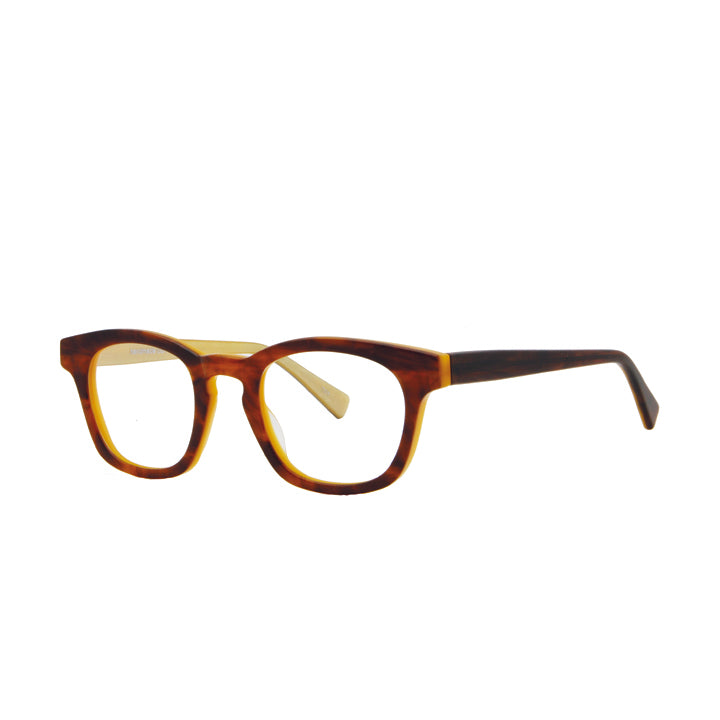 A pair of tortoise square-shaped, full frame eyeglasses with a keyhole bridge, displayed against a white background.
