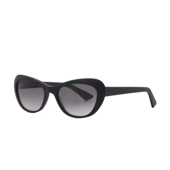 Profile view of USA made black cat eye sunglasses.